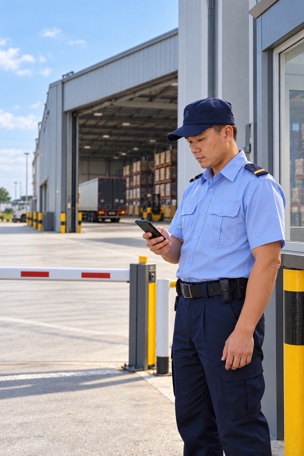 Bảo vệ mặc đồng phục xanh nhạt kiểm tra ca trực trên điện thoại tại lối vào kho hàng buổi sáng