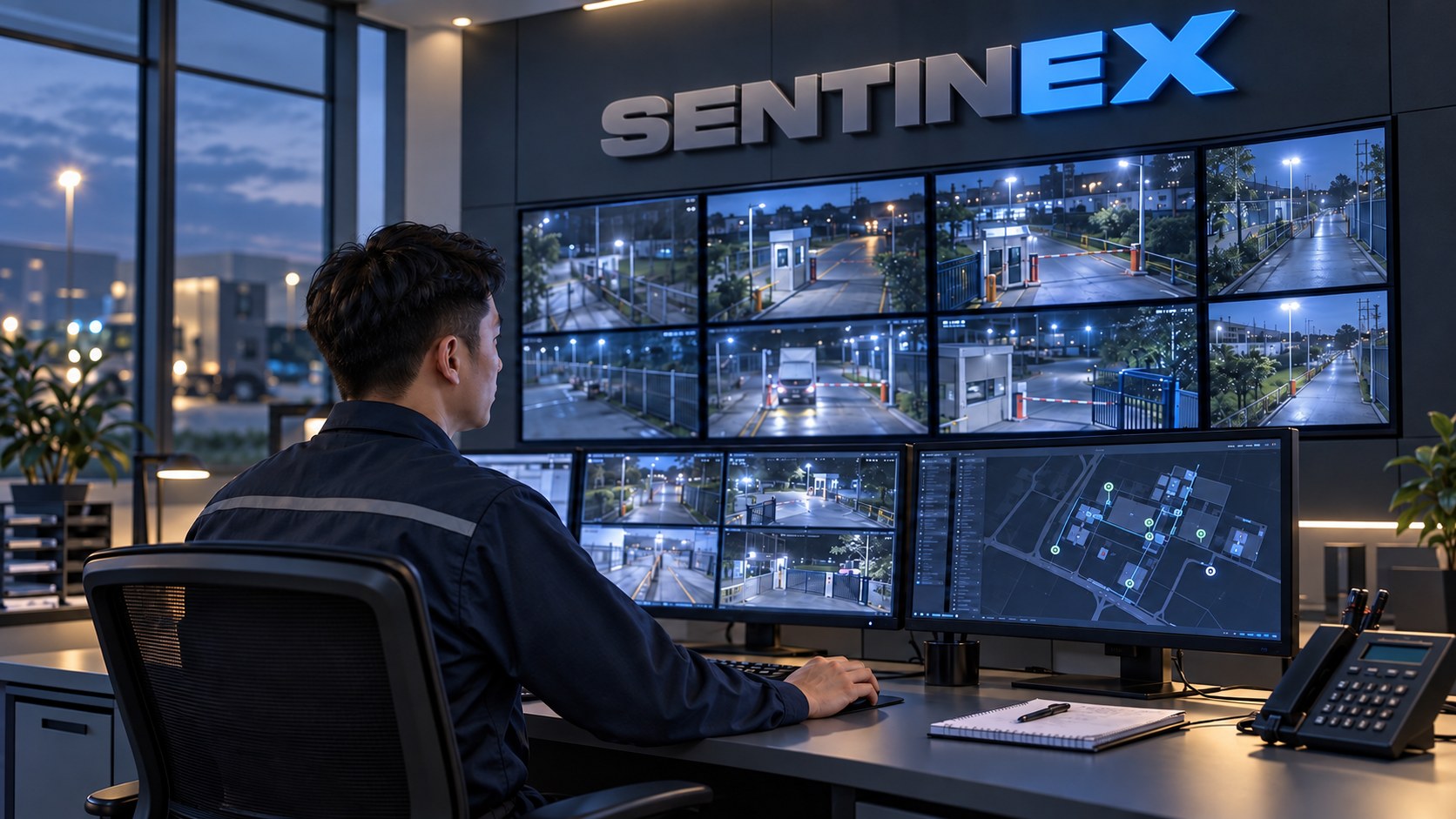 Nhân viên trung tâm điều hành SENTINEX theo dõi camera và bản đồ điều phối ca đêm