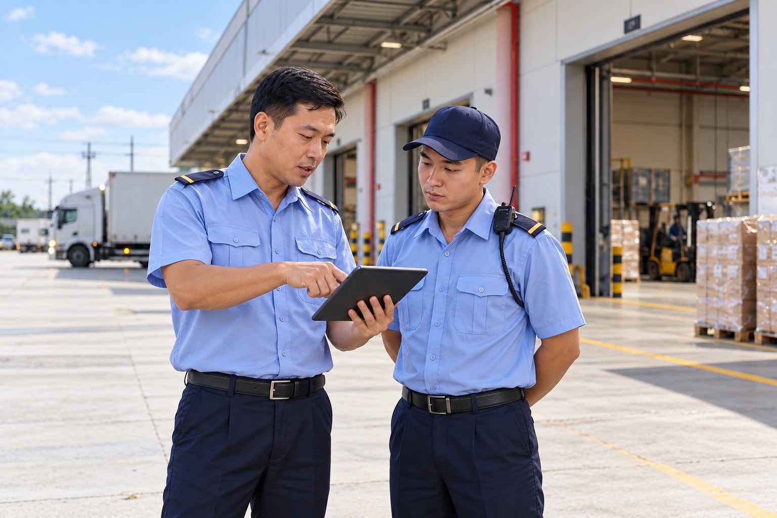 Ca trưởng và bảo vệ mặc đồng phục xanh nhạt phối hợp xử lý công việc tại kho vào buổi sáng