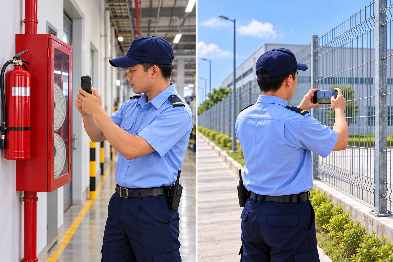 Hai cảnh gần: bảo vệ dùng điện thoại chụp thiết bị PCCC trong tòa nhà và hàng rào nhà máy buổi sáng