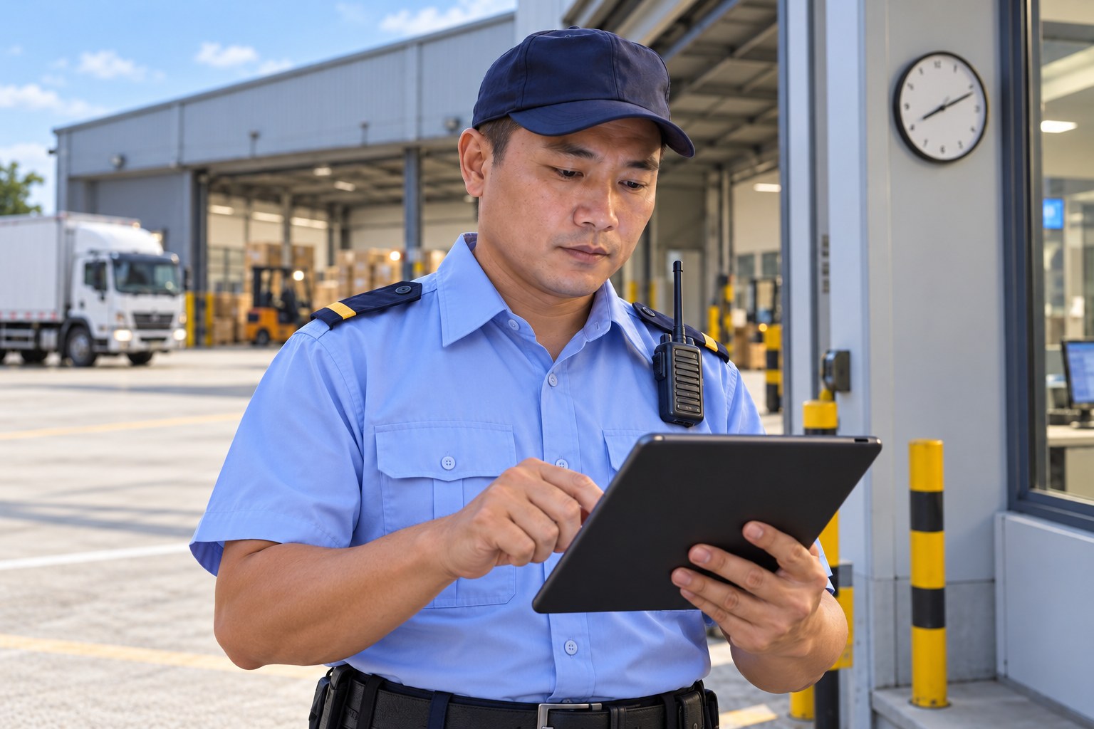 Bảo vệ mặc đồng phục xanh nhạt xem nhật ký hoạt động trên máy tính bảng buổi sáng