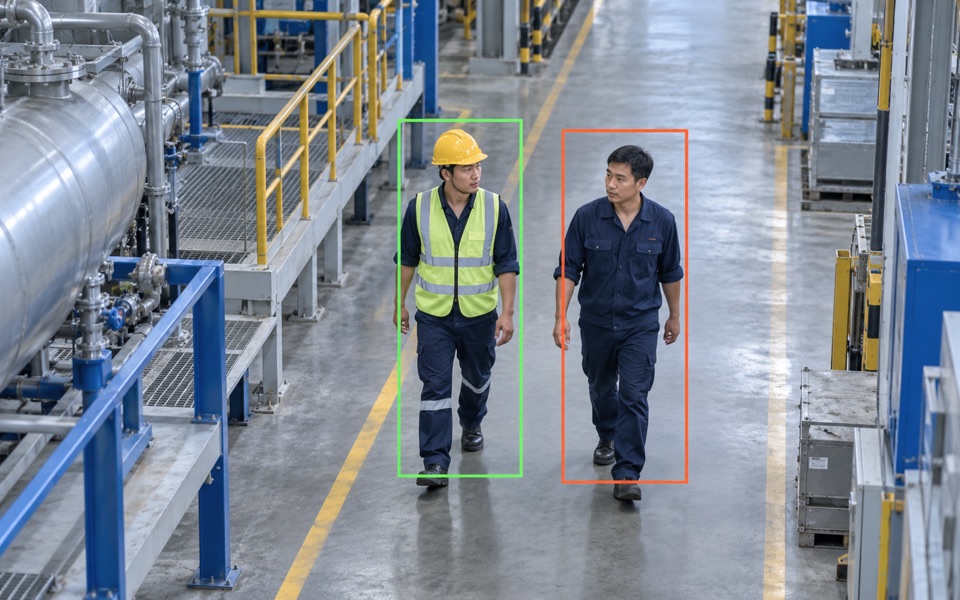 AI phân biệt công nhân có và thiếu mũ, áo bảo hộ